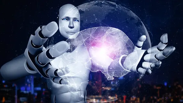 Xai Ilustrace Hominoidní Robot Držící Virtuální Hologram Zobrazující Koncepci Mozku — Stock fotografie