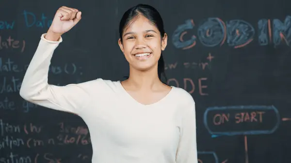 Young Student Celebrate Her Successful Plan While Raise Her Arm — Stock Photo, Image