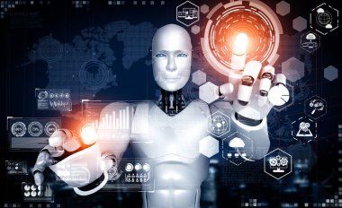 XAI 3d illüstrasyon yapay zeka yöntemini kullanarak sanal ekrana dokunan yapay robot yapay zeka ile küresel iletişim ağı kavramını gösteriyor. 3B illüstrasyon