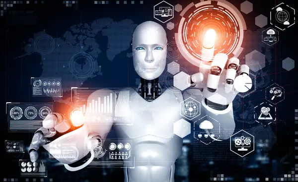 XAI 3d illüstrasyon yapay zeka yöntemini kullanarak sanal ekrana dokunan yapay robot yapay zeka ile küresel iletişim ağı kavramını gösteriyor. 3B illüstrasyon