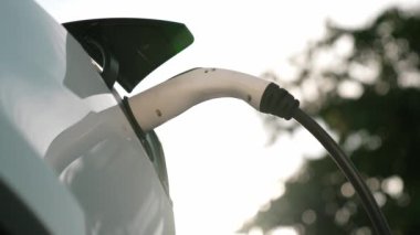 EV elektrikli araç EV şarj istasyonu ulusal park veya açık hava orman manzaralı. Çevre dostu EV arabalarla yaz ormanlarında doğal koruma. Yükselt