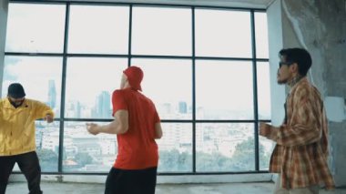 Çok kültürlü hipster grubu kameraya bakarken gökyüzü avcısıyla ya da şehir manzaralı bir binada break dans yapıyorlar. Sokak dansçısı ekibi dansçı performansına bakıyor. Açık hava sporu 2024 hiphop..