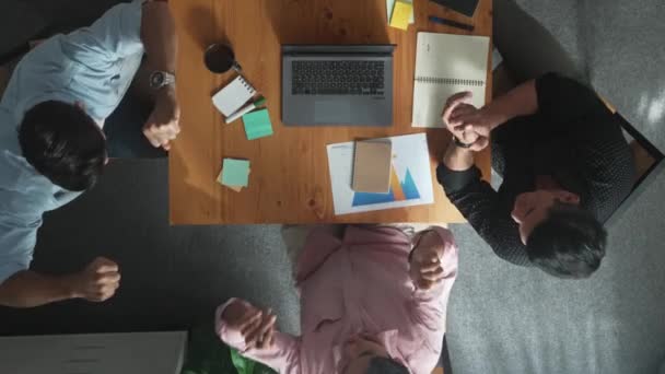 Top View Business Team Looking Laptop While Giving High Five — Stock Video
