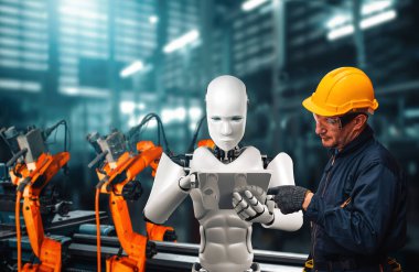 XAI Mekanize Endüstri Robotu ve insan işçileri gelecekteki fabrikada birlikte çalışıyorlar. Sanayi devrimi ve otomasyon üretim süreci için yapay zeka kavramı.