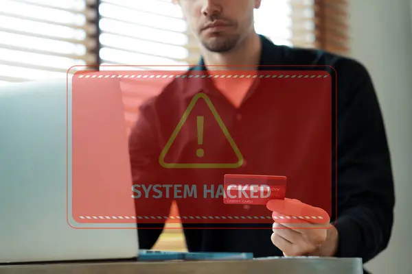 Customer Watching Hologram Interface Warn Danger Credit Card Hacked While — Stock Photo, Image
