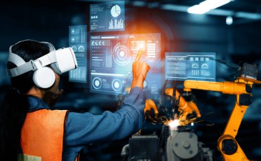 Dijital sanayi ve fabrika robotu teknolojisi için XAI Gelişmiş Robot Kol Sistemi. İnternet ağına bağlı IOT yazılımı kullanarak endüstri mühendisliği tarafından kontrol edilen otomasyon üretim robotu.