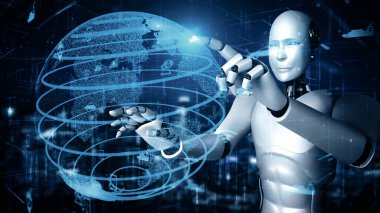 XAI 3d illüstrasyon Futuristik robot yapay zeka insansı yapay yapay yapay yapay zeka ulaşım analitik teknoloji geliştirme ve makine öğrenme kavramı. Geleceği için küresel robotik bilim araştırması