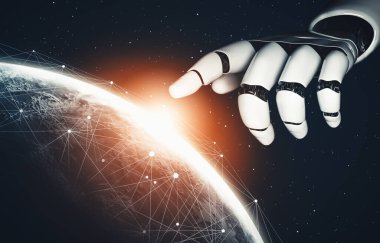 XAI 3D yorumlama fütürist robot teknolojisi geliştirme, yapay zeka yapay zekası ve makine öğrenme konsepti. İnsan hayatının geleceği için küresel robot biyonik bilim araştırması.