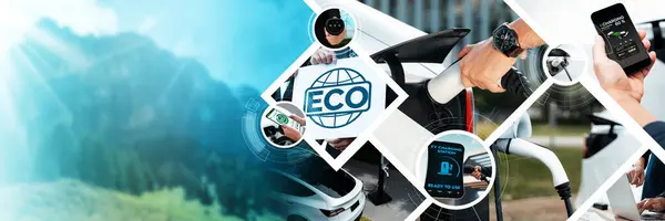 Ev電気自動車の充電と持続可能なLcaグリーンエネルギー技術は 将来のEsgのための電気自動車とハイブリッド車のエコフレンドリーなビューを示すパノラマバナー写真コラージュで提示 — ストック写真