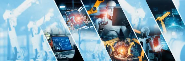 自動化されたAi産業ロボットと工場生産のロボットアセンブリ 産業革命とオートメーション製造プロセスのための人工知能の概念Nlp — ストック写真