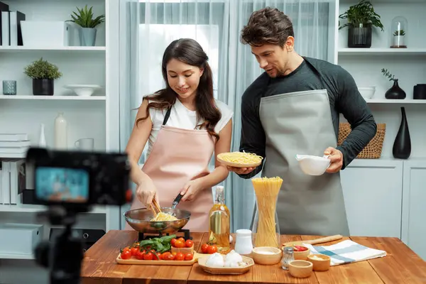 Couple Chef Influencers Cooking Special Homemade Spaghetti Tongs Taking Frying — Stock Photo, Image