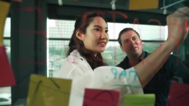 Genç kendine güvenen iş kadını projeyi uzman yatırımcıya sundu. Profesyonel proje yöneticisi başlangıç projesini açıklamak için yapışkan notlar kullanır, beyin fırtınası fikirlerini yatırımcıya paylaşır. Yönlendirici.