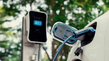 Doğal yeşil araba parkındaki ekolojik temiz enerji şarj istasyonundan gelen fütürist akıllı EV şarj aletinin şarj ettiği elektrikli araba. Alternatif enerji kullanan gelecekçi çevre dostu elektrikli araba. İnceleyin