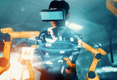 Mekanize endüstriyel robot kol kontrolü için XAI Gelecek VR teknolojisi. Sanayi devrimi ve otomatikleştirilmiş üretim süreci için robot teknolojisi kavramı.