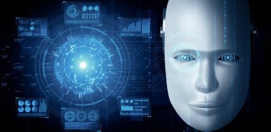 XAI 3D illüstrasyon robotu insansı yüzü, 4. Endüstriyel Sanayi için yapay zeka ve makine öğrenme süreci tarafından yapay zeka ve yapay zeka tarafından büyük veri analizi konsepti ile yakından incelenir.