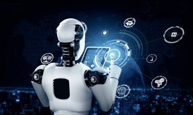 Sanayi devrimi için yapay zeka ve makine öğrenme yöntemlerini kullanarak küresel ağ bağlantısı için tablet bilgisayar kullanan XAI 3D illüstrasyon robotu. Üç Boyut