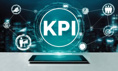 KPI İş Konsepti Performans Göstergesi - KPI yönetimi için iş hedefi değerlendirme sembolleri ve analitik numaralar gösteren modern grafik arayüzü. uds