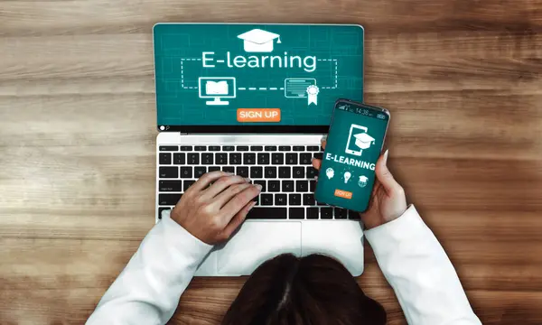 学生と大学の概念のためのEラーニングとオンライン教育 人々がどこからでも遠隔学習を行うためのデジタルトレーニングコースの技術を示すグラフィックインターフェース インタビュー — ストック写真