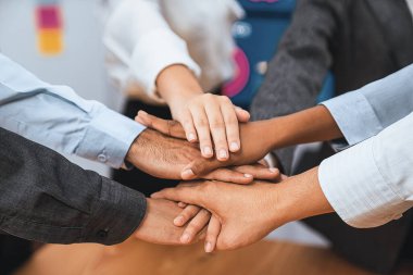 Çok ırklı ofis çalışanları el kitabı dayanışma, takım çalışması ve çeşitli toplumlara olan güveni gösteriyor. İş adamları iş dünyasının başarısı için sinerji ve el ele istifleme yoluyla bir araya gelirler. Uyum