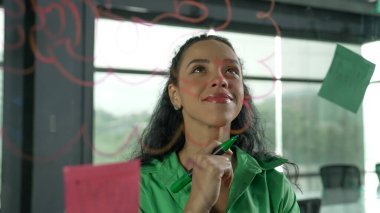 Genç İspanyol çalışanlar renkli yapışkan notlar yazıyorlar. Akıllı iş kadını pazarlama fikrini, beyin fırtınası stratejisini, iş planını paylaşıyor. Proje yöneticisi zihin haritası çiziyor. - Yakın çekim. Yönlendirici.