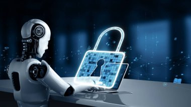 XAI 3d illüstrasyon yapay zeka robot robotu internet sunucusunda veri depolamak için bulut hesaplama teknolojisi kullanır. Makine öğrenme süreciyle analiz edilen gelecekteki bulut bilgi depolama kavramı. 3B görüntüleme