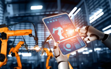 XAI Mekanize Endüstri Robotu ve robot silahları fabrika üretiminde kullanılacak. Sanayi devrimi ve otomasyon üretim süreci için yapay zeka kavramı.