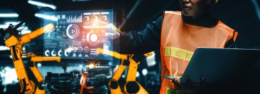 Dijital sanayi ve fabrika robotu teknolojisi için XAI Gelişmiş Robot Kol Sistemi. İnternet ağına bağlı IOT yazılımı kullanarak endüstri mühendisliği tarafından kontrol edilen otomasyon üretim robotu.