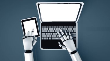 XAI 3D illüstrasyon robotu insansı dizüstü bilgisayar kullanır ve yapay zeka, yapay zeka ve makine öğrenme sürecini kullanarak geleceğin ofisinde masada oturur. Dördüncü sanayi devrimi