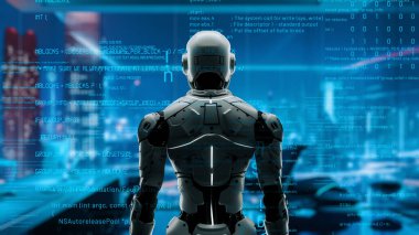 Yapay zeka mühendisliği iş başında. Yapay zeka algoritması pazarlama otomasyonu, teknik analiz, çözüm iletişimi ve hızlı yanıt için. LISP kodlu program ve 3d resimleme öğrenen makine