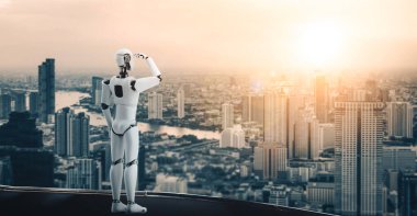 XAI 3D illüstrasyon 3D insansı robot şehir manzarası siluetine karşı sabırsızlıkla bekliyor. Yapay zekanın gelecekteki gelişimi için liderlik, fikir ve vizyon kavramı.