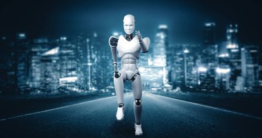 XAI 3D illüstrasyon. Hızlı hareket eden robot insanımsı robot, yapay zeka ve yapay zeka geliştirme kavramının gelecekte geliştirilmesi için gerekli enerjiyi makine öğrenmesiyle gösteriyor.