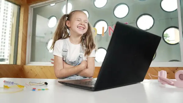 Cute Girl Using Laptop Programing Software While Looking Laughing Camera — Stock Photo, Image