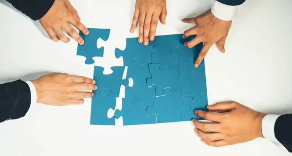 Top View Panorama Banner Business Team Assembling Jigsaw Puzzle Table — Stock Photo, Image