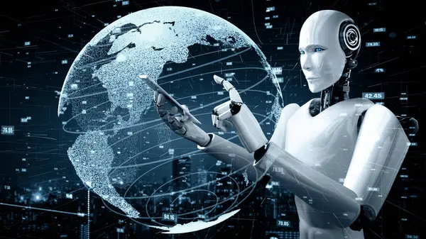 Xai 3Dイラスト 未来ロボット人工知能ヒューミノイドAiデータ解析技術開発 機械学習コンセプト 人類の未来のためのグローバルロボットバイオニック研究 — ストック写真
