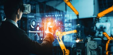 Dijital sanayi ve fabrika robotu teknolojisi için XAI Gelişmiş Robot Kol Sistemi. İnternet ağına bağlı IOT yazılımı kullanarak endüstri mühendisliği tarafından kontrol edilen otomasyon üretim robotu.