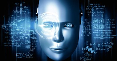 XAI 3D illüstrasyon robotu insansı yüzü, 4. Endüstri için yapay zeka ve makine öğrenme sürecinin yapay zeka ve yapay zeka tarafından gerçekleştirilen mühendislik bilimi çalışmasının grafik konseptini yakından gösteriyor.