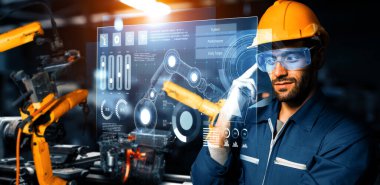 Dijital sanayi ve fabrika robotu teknolojisi için XAI Gelişmiş Robot Kol Sistemi. İnternet ağına bağlı IOT yazılımı kullanarak endüstri mühendisliği tarafından kontrol edilen otomasyon üretim robotu.