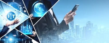 İletişim teknolojisi, akıllı bağlantı IOT ve insan ağ teknolojisi kavramı. Güvenli internet ağına ve bulut hesaplama sunucusuna bağlanmak için bağlantı aygıtı kullanan insanlar vexel