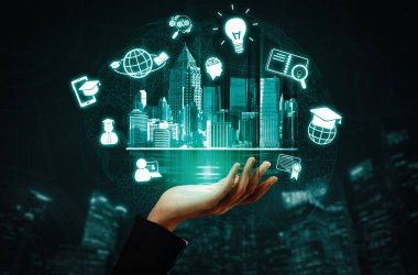 E- öğrenim ve Öğrenci ve Üniversite Konsepti Online Eğitim. Dijital eğitim kursunun teknolojisini gösteren grafik arayüzü insanların her yerden uzaktan öğrenmelerini sağlıyor. uds