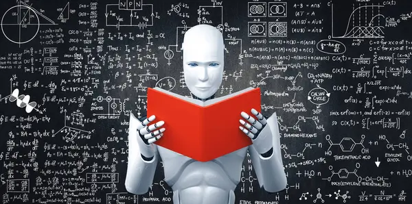 Xai Illustration Illustration Robot Humanoid Reading Book Solving Math Data — Stock Photo, Image
