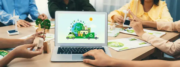 Green City Waste Management Illustrate Displayed Laptop Business Team Presenting — Stock Photo, Image