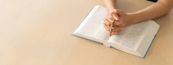 Cropped Image Praying Male Hand Holding Cross Holy Bible Book — Stock Photo, Image