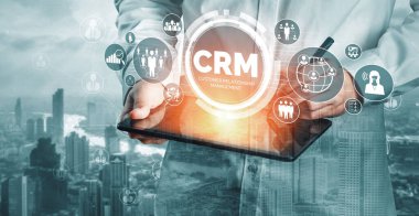 İş satış pazarlama sistemi konsepti için CRM Müşteri İlişkileri Yönetimi CRM veritabanı analizini desteklemek için hizmet uygulamasının fütüristik grafik arayüzünde sunulmuştur. uds