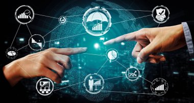 Ticari Yatırım Konsepti Risk Yönetimi ve Değerlendirmesi. Beklenmedik kayıpları kontrol etmek ve finansal güvenliği sağlamak için riskli plan analizinde stratejinin sembollerini gösteren modern arayüz. uds