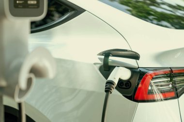 EV elektrikli araç EV şarj istasyonu ulusal park veya açık hava orman manzaralı. Çevre dostu EV arabalarla yaz ormanlarında doğal koruma. Yükselt