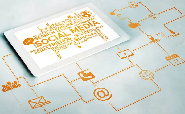 stock image Social media and young people network concept. Modern graphic interface showing online social connection network and media channels to engage customer interaction in the digital business.