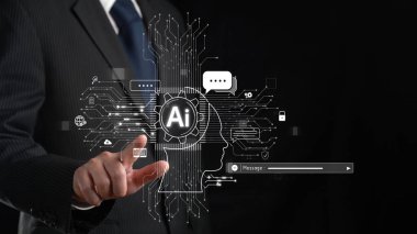 Yapay zeka sanal asistanı Chatbot ile yapay zeka konsepti ile insan etkileşimi, yapay zeka mühendisliği, LLM yapay zeka derin öğrenimi iş desteği için üretken yapay zeka kullanımı. FaaS