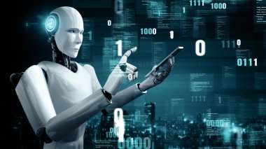 XAI 3d illüstrasyon Futuristik robot yapay zeka insansı yapay zeka programlama kodlama teknolojisi geliştirme ve makine öğrenme kavramı. İnsanlığın geleceği için robot biyonik bilim araştırması