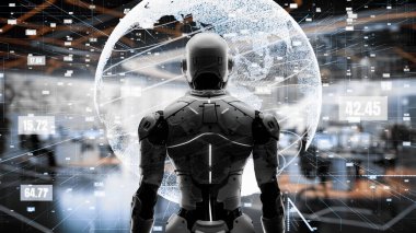 Yapay zeka mühendisliği iş başında. Yapay zeka algoritması pazarlama otomasyonu, teknik analiz, çözüm iletişimi ve hızlı yanıt için. LISP kodlu program ve 3d resimleme öğrenen makine