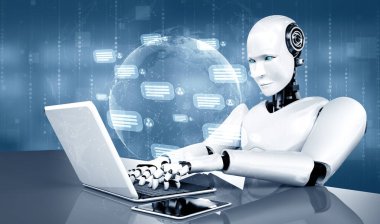 XAI 3D illüstrasyon yapay zeka robotu müşteriyle sohbet etmek için bilgisayarı kullanıyor. Sohbet robotu hizmeti kavramı sosyal medya ve e-ticaret uygulamalarında yardım ve akıllıca bilgiler sağlıyor. 3B görüntüleme